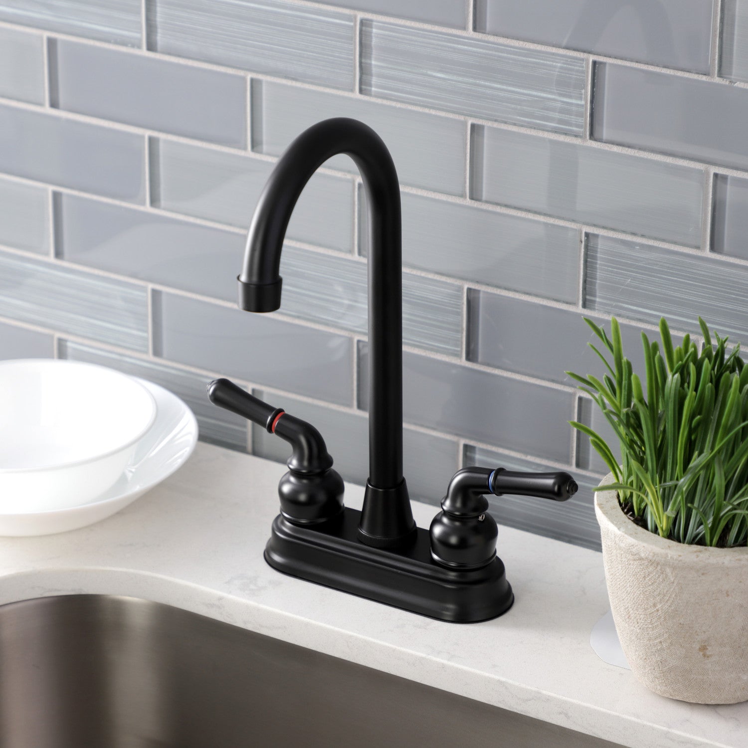 Kingston Tulare KB490 - Magellan Two-Handle 2-Hole Deck Mount Bar Faucet, Matte Black — thumbnail 2